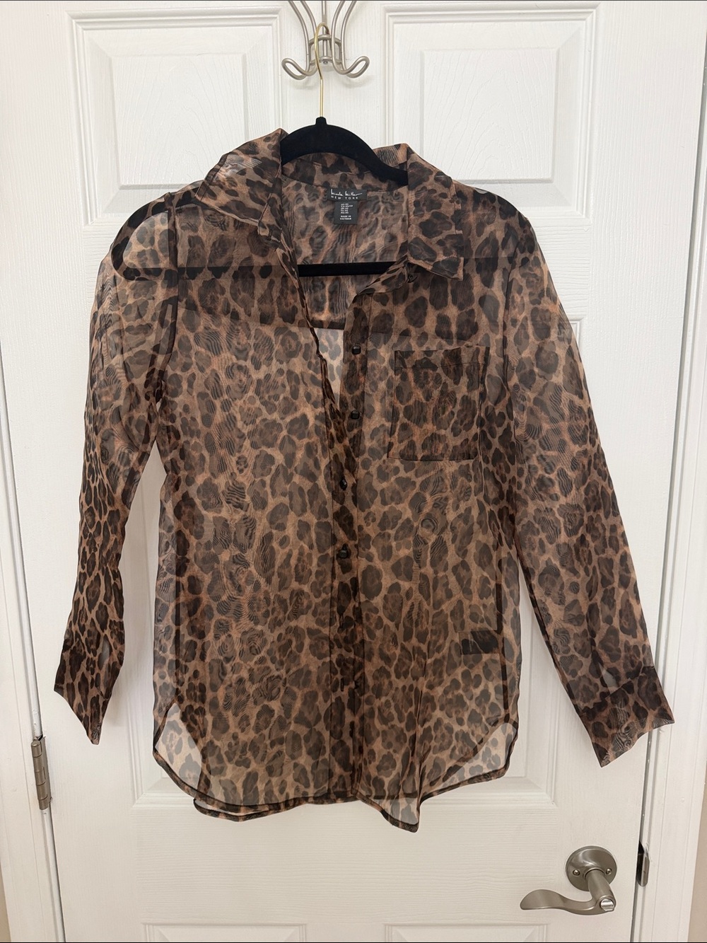 Nicole Miller Sheer Leopard Print Button-Down Blouse - Brown